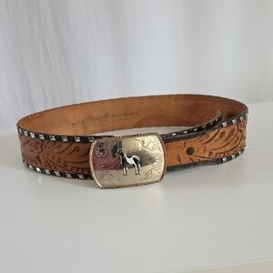 Comstock German Silver Horse Belt Buckle and Leather Belt.  Size 34